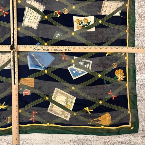 Vintage Paloma Picasso Silk Scarf Italy Green Yellow Navy Blue 33x33” square - Picture 6 of 7